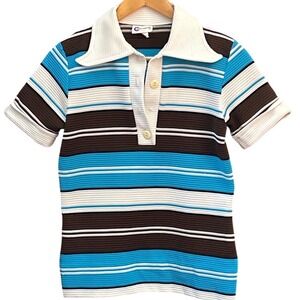 Vintage 70s Caper-Mates Knit Polo Shirt Disco Retro Mod Blue Brown Striped Top